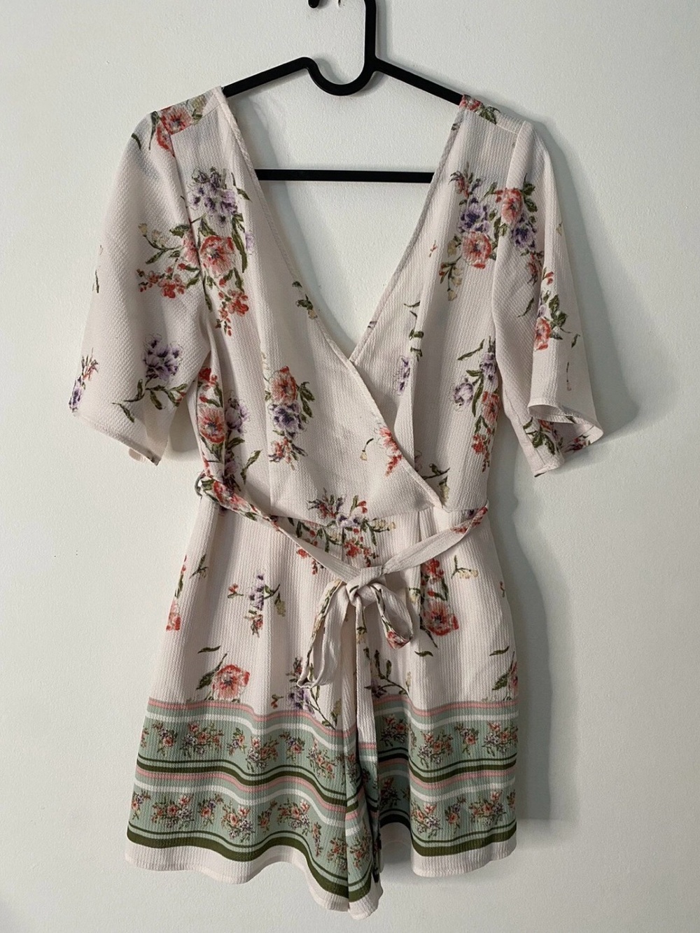 Trixxi Cream Floral Wrap Romper with Pink and Purple Blooms